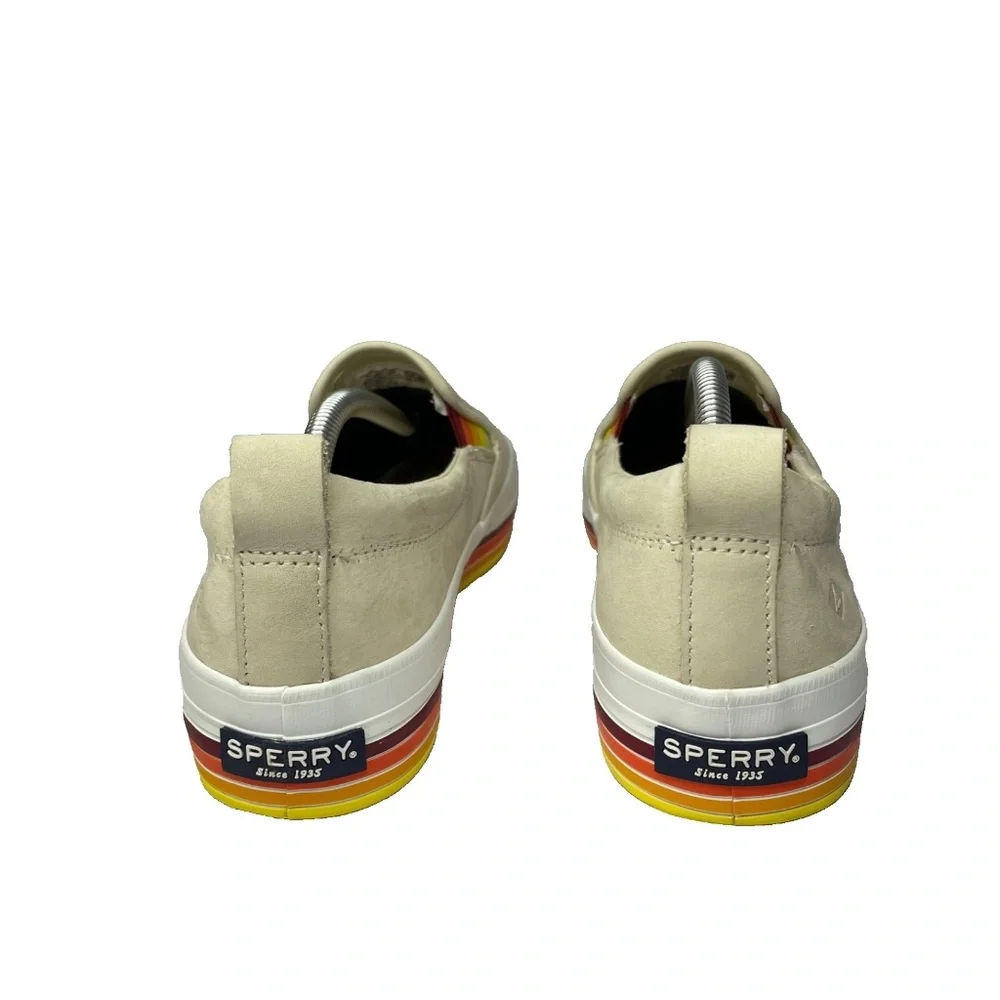 Sperry Top Sider Boat Shoes Womens 7.5 Tan Rainbow Pride Slip On Leather Sneaker